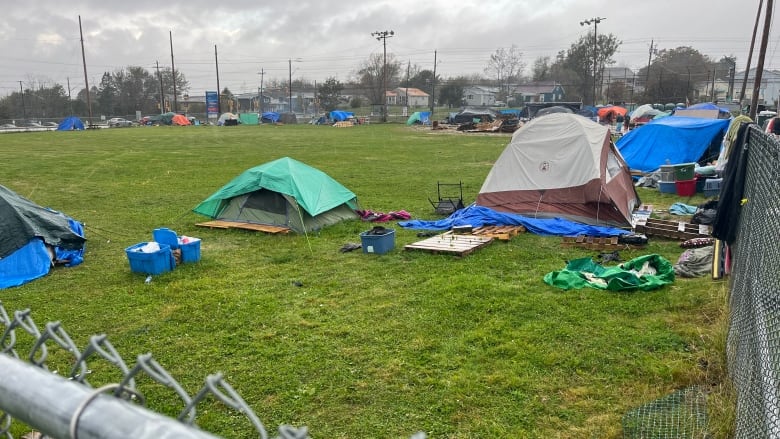 A green grass field has several tents on it. This is where some people are living. 