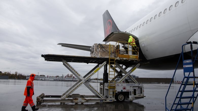 A worker loads cargo into an Air Canada jet