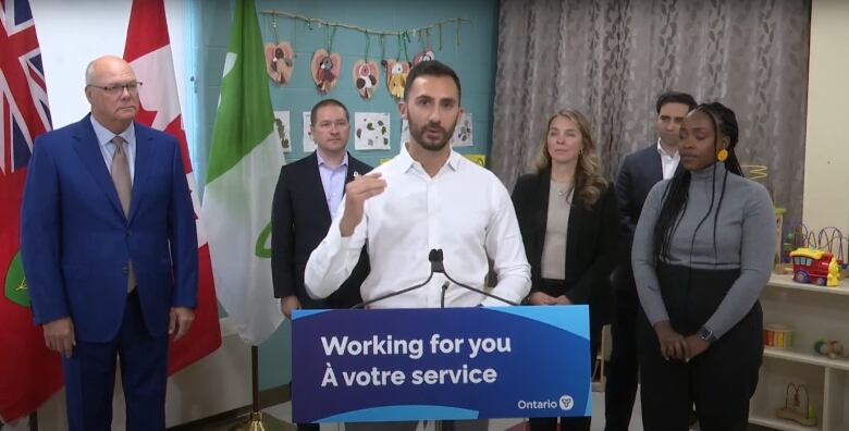 Education Minister Stephen Lecce announced funding for new child care spaces at cole lmentaire La Pommeraie in London, Ont., on Oct. 12, 2023.