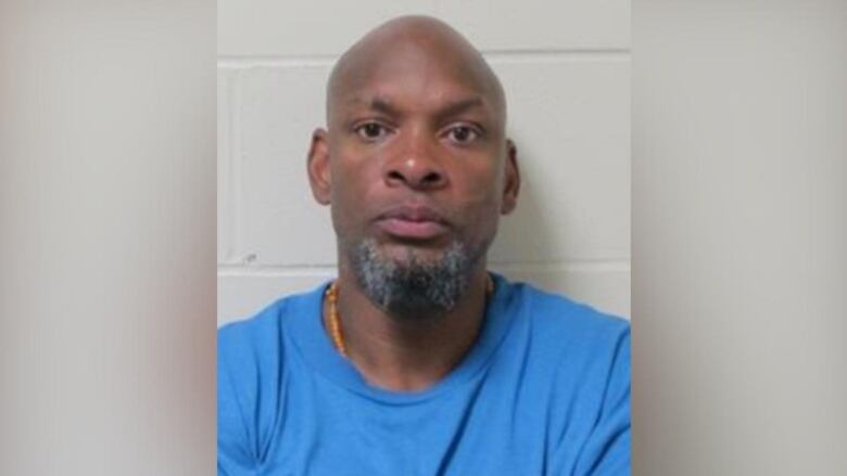 A bald man is seen in front of a white brick wall wearing a blue shirt. He has a goatee with grey hair in it.