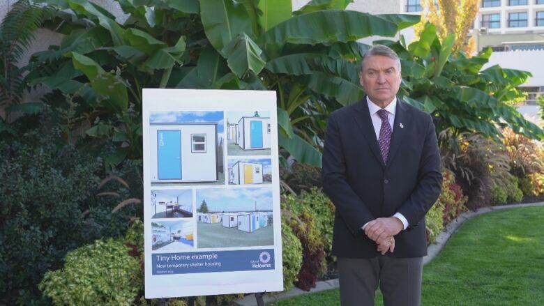 A man in suit standing beside a portrait with banana grove in the background