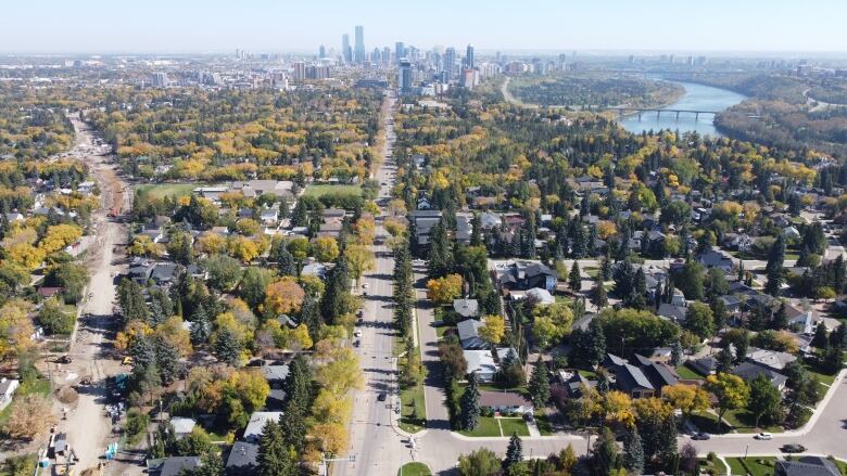 An aerial view of Edmonton's streetscape. Facing toward downtown, smaller homes give way to highrises in the distance. 