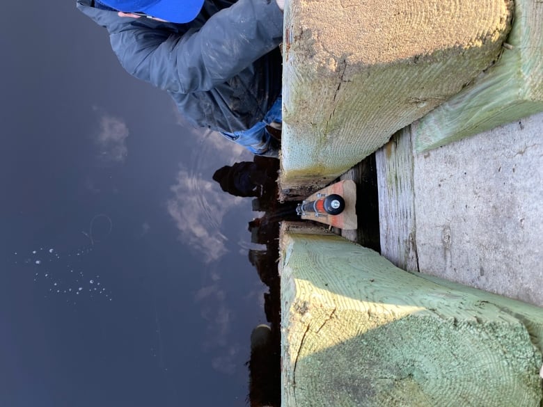 A metal device is mounted partially below sea level on the side of a wharf 