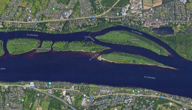 A map of the St. John River as it runs through Fredericton.