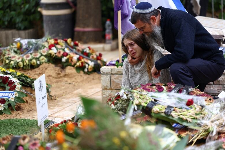 Mourners react during a funeral.