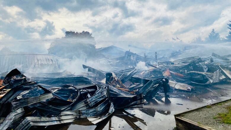 The remains of a charred building on a cloudy day.