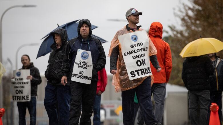 Workers stand in rainy conditions with placards reading 'GVRD Employees' Union On Strike'.