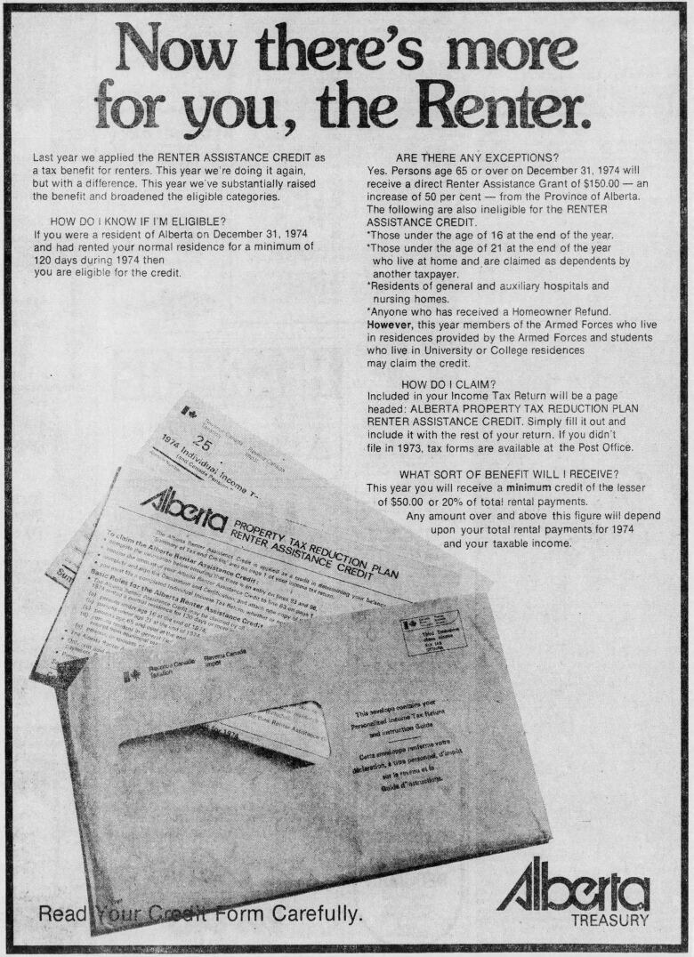 A newspaper ad from 1975 promoting the Alberta government's renter assistance credit, which was a benefit claimed on individuals' income taxes.