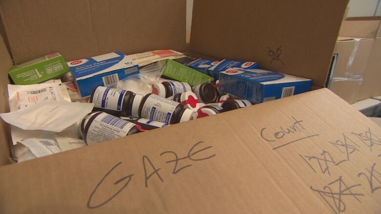 A box filled with medical items.