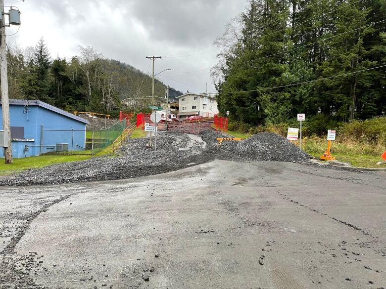 A trail of debris and rock isseen on a Prince Rupert street impacted by a water main break.