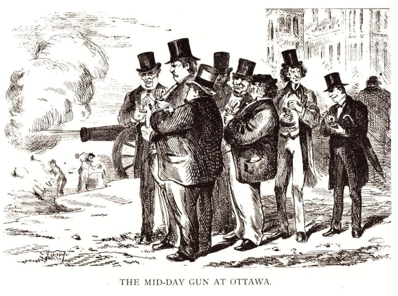 A black and white cartoon of men in top hats gathered around a cannon, fixing their watches.