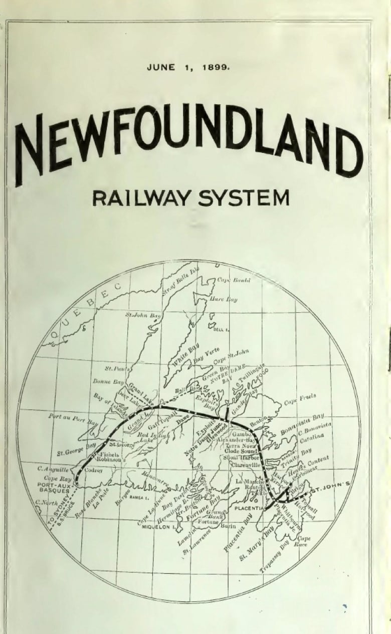 Black and white drawing of a map of Newfoundland, with a line across the map marking where the Newfoundland Railway was.