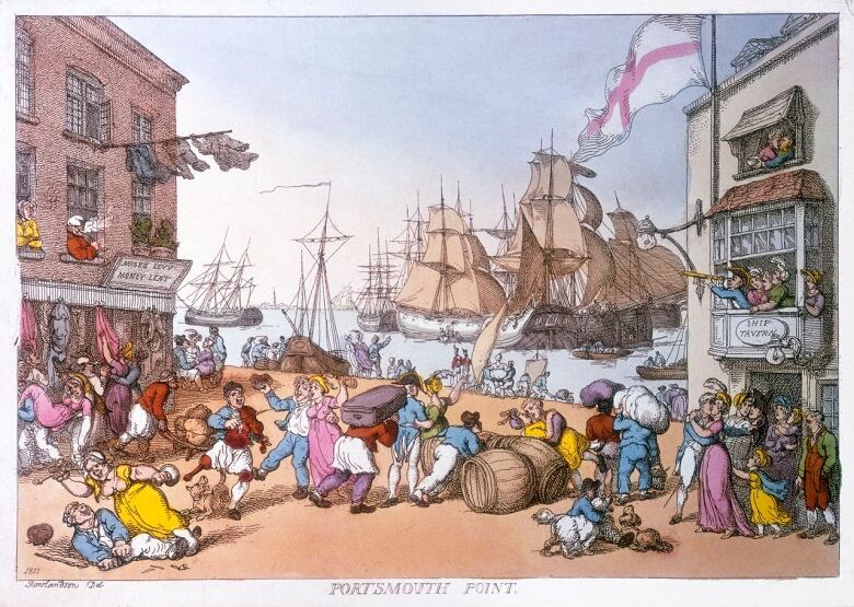 A colour illustration of a port city, with many people on shore busy with various activities such as carrying items, talking, and embracing. There are several ships in the background.