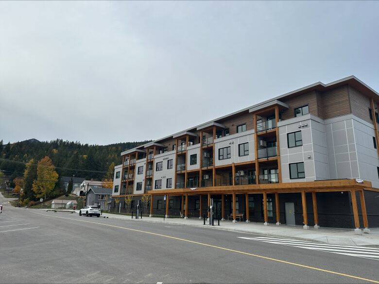 A four-story apartment complex featuring exposed wooden beams sits on a concrete road with forest in the background.