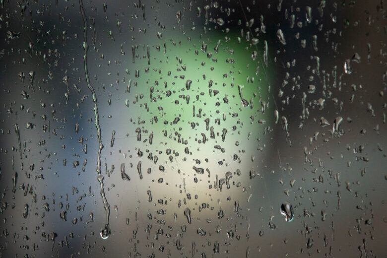 Raindrops are shown in closeup on a pane of glass.