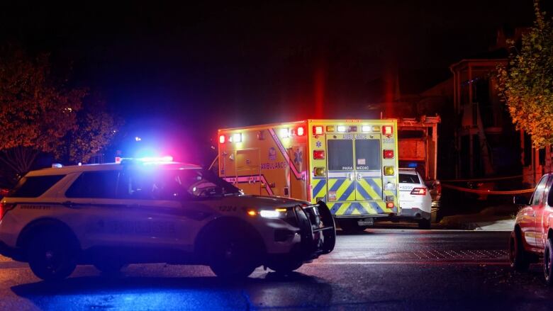 Emergency vehicles parked on a residential street. 