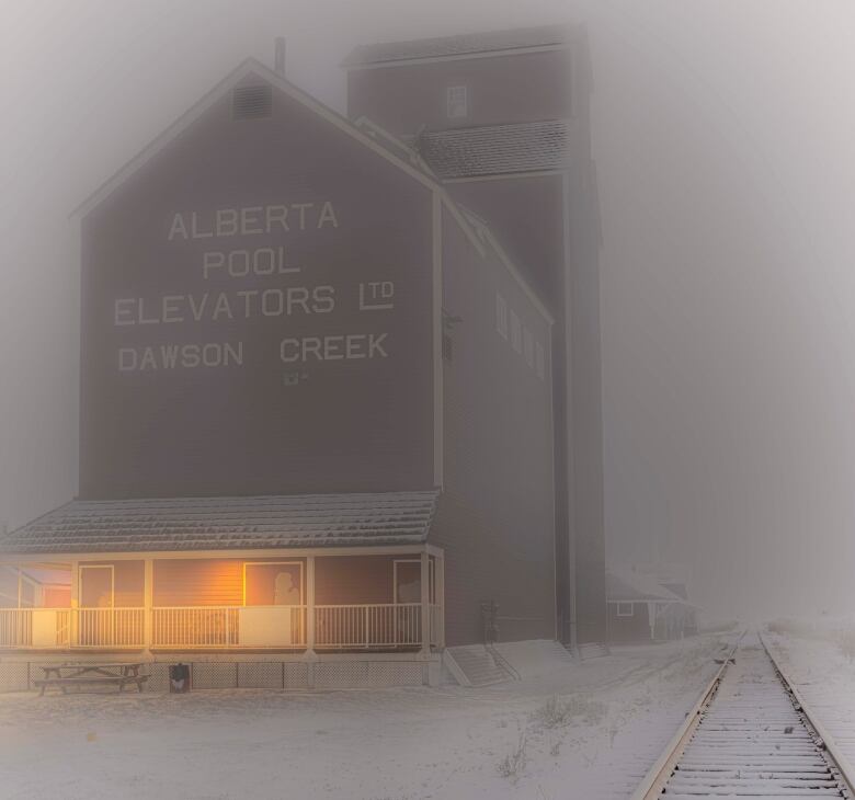 Snow over a grain elevator.