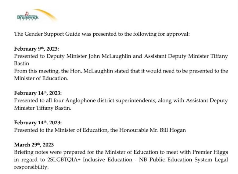 A screenshot of a document reads outlining presentations on Feb. 9, 14 and 17, then a meeting btween Premier Blaine Higgs and Bill Hogan on March 29.