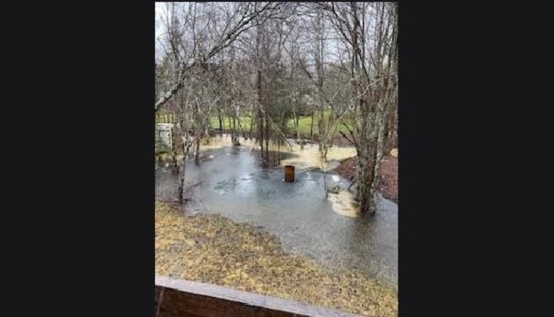 A view from up high shows muddy water in a trench at the back of the property, with clear water spreading outwards and covering more than half the backyard and submerging a firepit