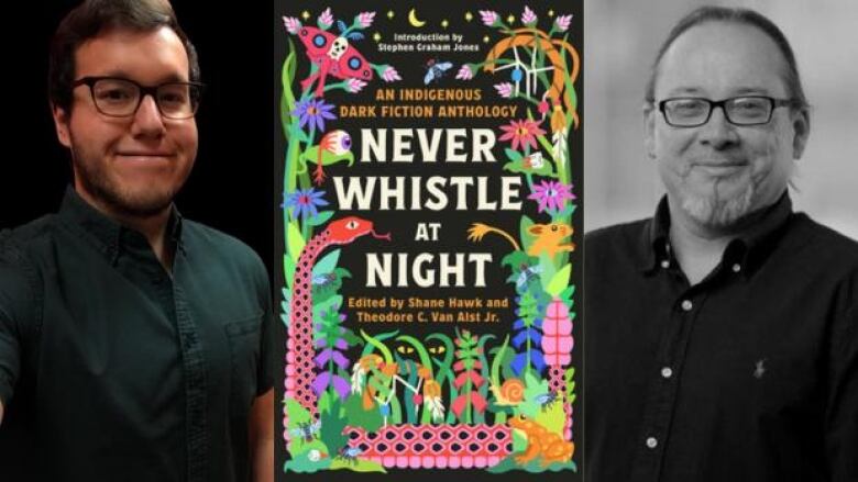 Never Whistle at Night edited by Shane Hawk and Theodore C. Van Alst Jr. Illustrated book cover of brightly coloured animals amidst grass and leaves. Portrait of the two authors.