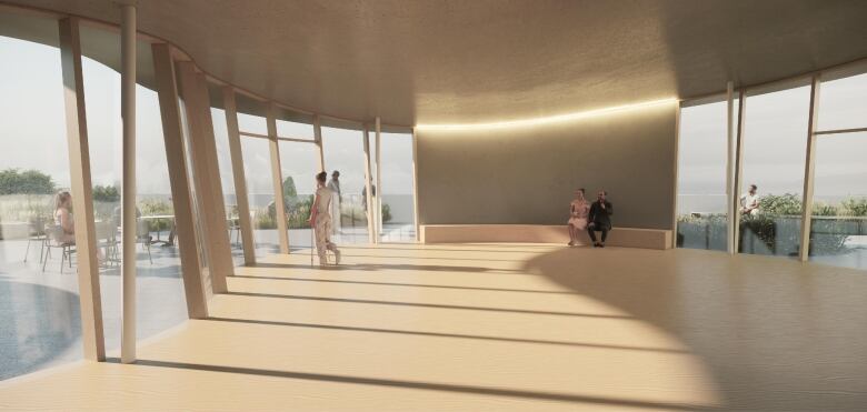 An artists rendering of an pavilion shows people looking outside from an indoor space.