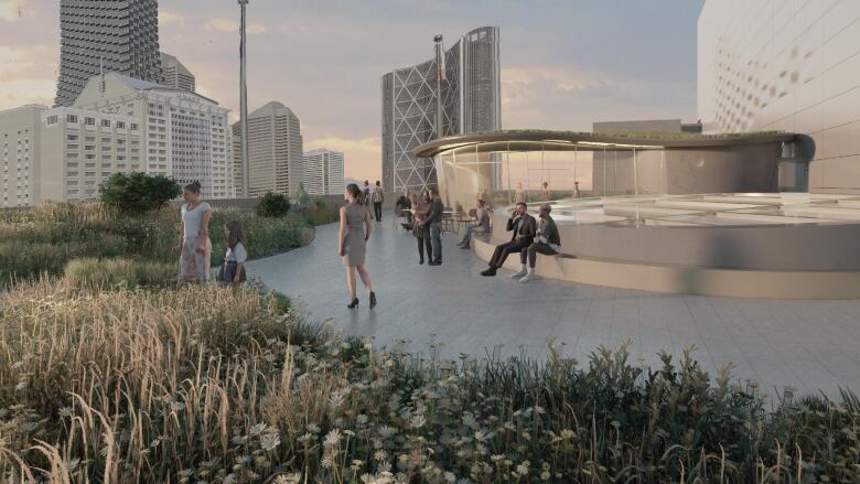 A computer-generated illustration of a rooftop terrace with plant life shows a possible renovation to Calgary's Glenbow Museum.