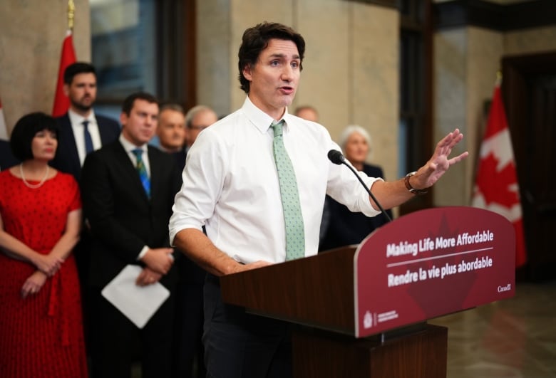 Prime Minister Justin Trudeau wearing a white shirt and pale green tie speaks at a podium while Liberal MPs watch on.