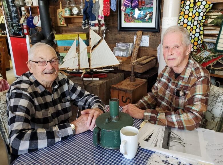 Two older men sit at a table in a cafe. 