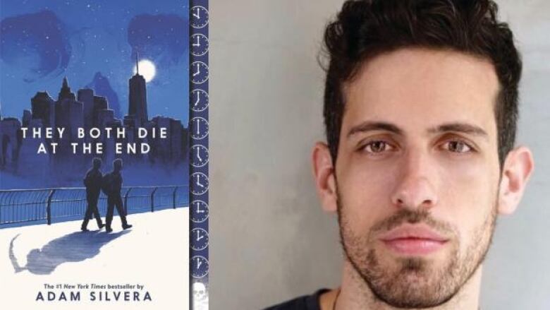 They Both Die at the End by Adam Silvera. Illustrated book cover of two young men walking in front of the Manhatten skyline with the shadow of a grim reaper following them. Headshot of the author.