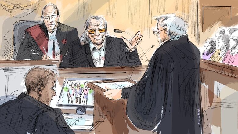 Crown council Neville Golwalla (left to right), Justice Robert Goldstein, Peter Nygard and lawyer Brian Greenspan attend Nygard's sexual assault trial in Toronto on Friday.