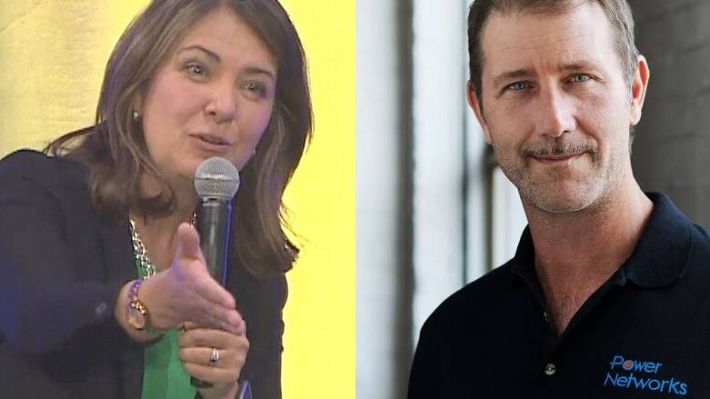 At left, Premier Danielle Smith speaking directly to Derek Power, who is off camera in the audience, at the Pembina Climate Summit in Calgary on Thursday, Oct. 26, 2023. At right, a photo Derek Power.