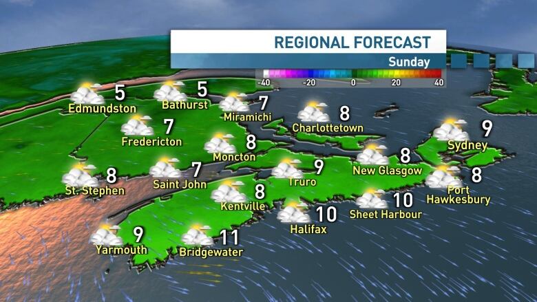 Map shows temperatures in the Maritimes for Sunday.