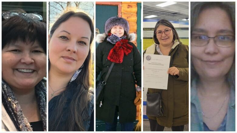 A collage of five women posing for photos. 