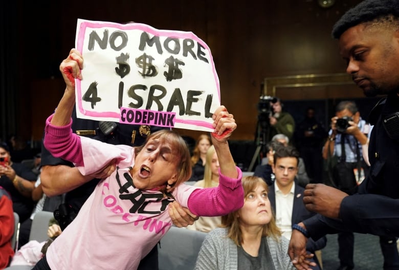 A woman dressed in pink is shown holding up a sign that says 'No more money 4 Israel.'