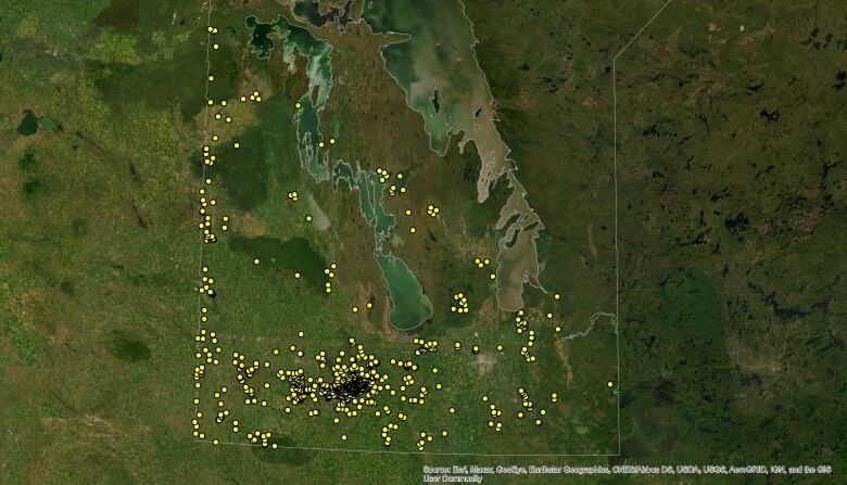 A map of the southern half of Manitoba is dotted with yellow, with the most dots in the southwestern part of the map.