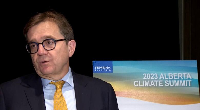 Federal Energy and Natural Resources Minister Jonathan Wilkinson speaks to reporters at the Pembina Institute's 2023 Alberta Climate Summit.