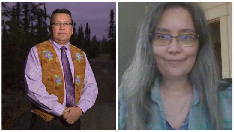 A collage of the two candidates. A man is standing with his hands together wearing a suede vest. Another is a woman with long grey hair and glasses. 