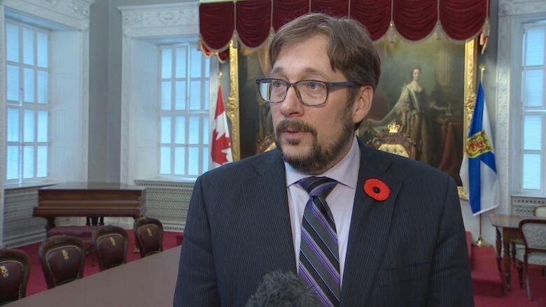 A white man with a brown bread, hair and glasses wears a navy suit with a red poppy. He's standing in an ornate room with an oil painting on the wall