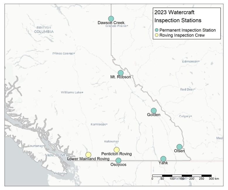 map showing watercraft inspection site in B.C.'s borders