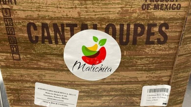 Crate marked cantaloupes with Malichita label.