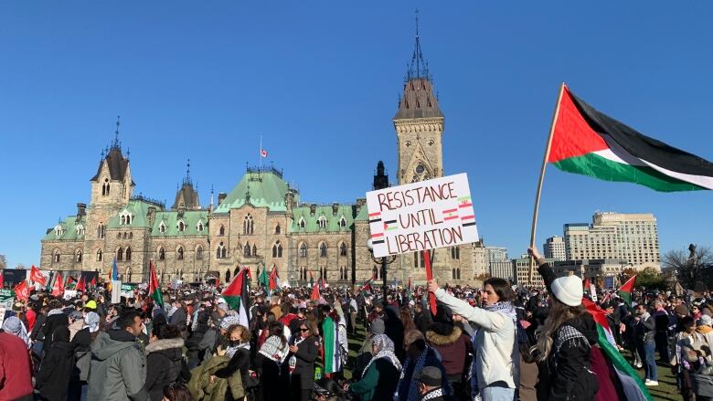 A wide shot of a large crowd of people carrying flags and protest signs outdoors on a sunny day, with a historic building in the background.