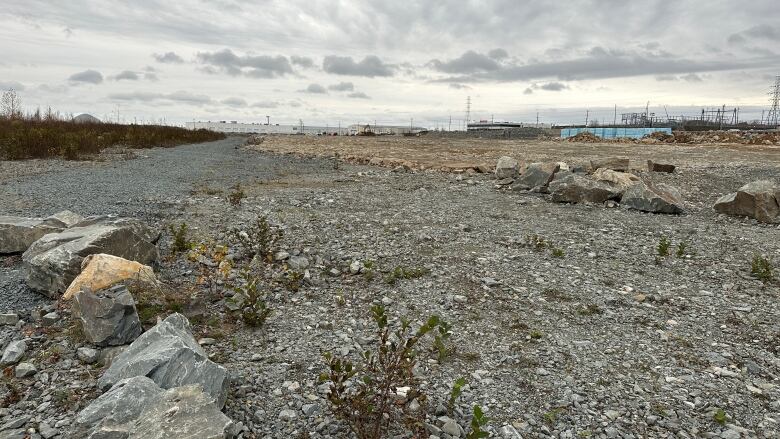 An expansive open field covered in rocks and dirt below a cloudy gray sky.