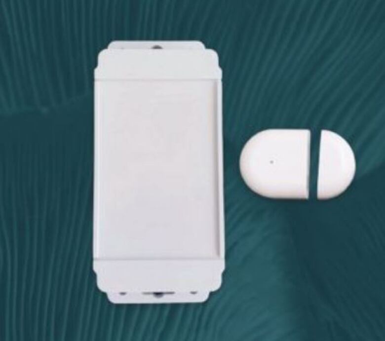 Two white devices on a flat surface: one shaped like a smartphone, the other a smaller orb.