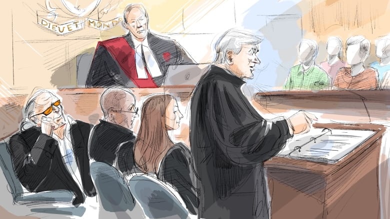 A courtroom sketch showing a judge, jury, lawyers and others. 