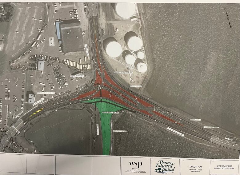 A map in black and white with red islands and green grass shows changes to the road. 