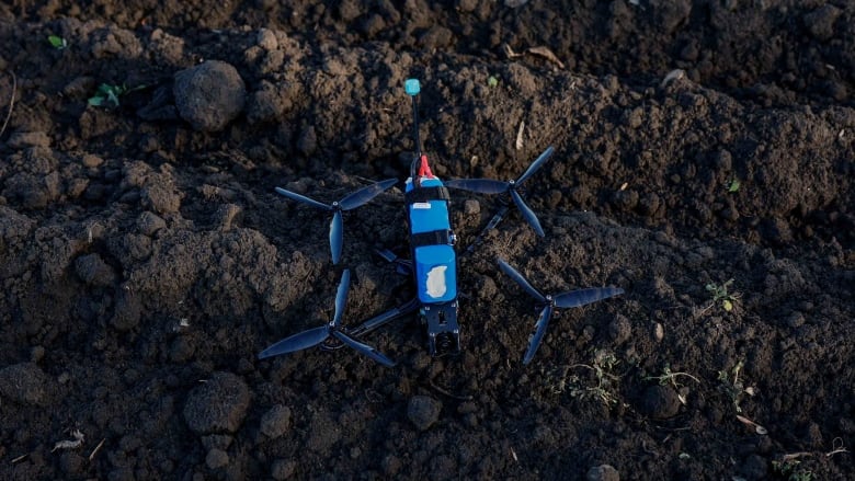 A First Person View drone sits on the ground in Ukraine's Donetsk region.