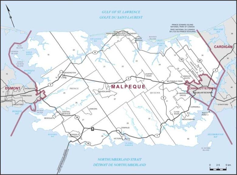 This Elections Canada map shows the federal riding of Malpeque in central Prince Edward Island. 