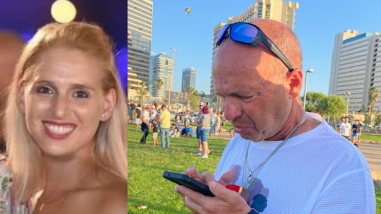 A composite image shows a young, smiling blond woman next to a bald man listening to a voice recording on his phone as he stands in a city park as people fly kites in the background. 