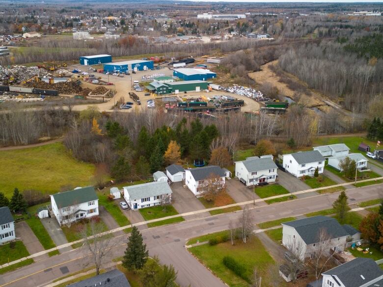 A row of homes separated from a scrapyard by a ribbon of trees.