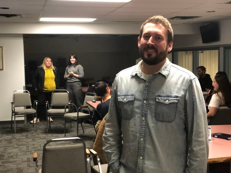 Frame Lake MLA-elect Julian Morse at the Yellowknife Curling Club on election night, Nov. 14, 2023.